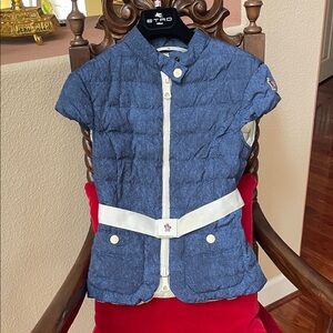 Moncler Blue Quilted Vest with a white belt